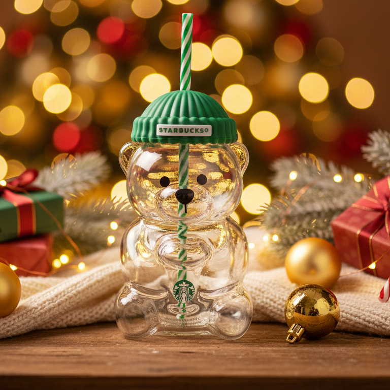 Clear bear-shaped ornament with green top on a wooden table with Christmas decorations.