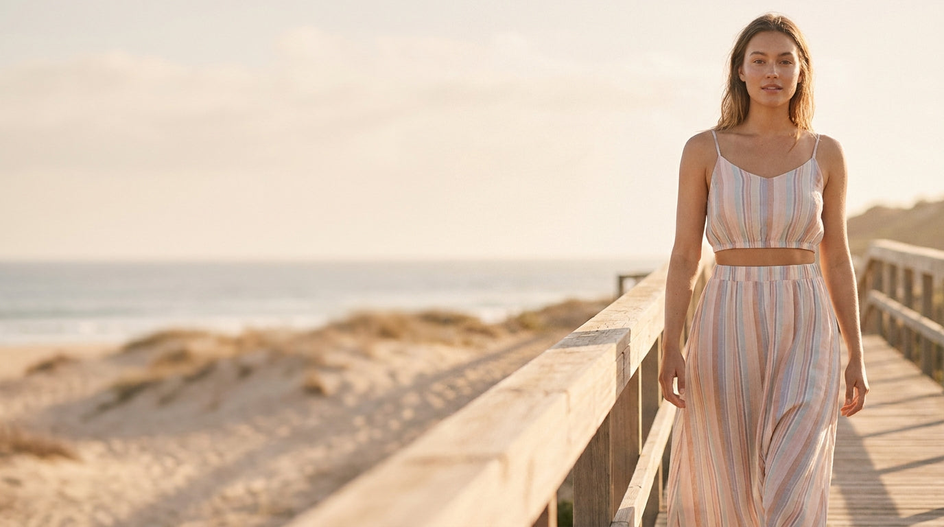 Woman in a pastel striped matching set walking on a coastal boardwalk at golden hour